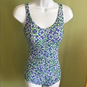 Vintage Ruched One-Piece Swimsuit in Blue & Green Geometric Print